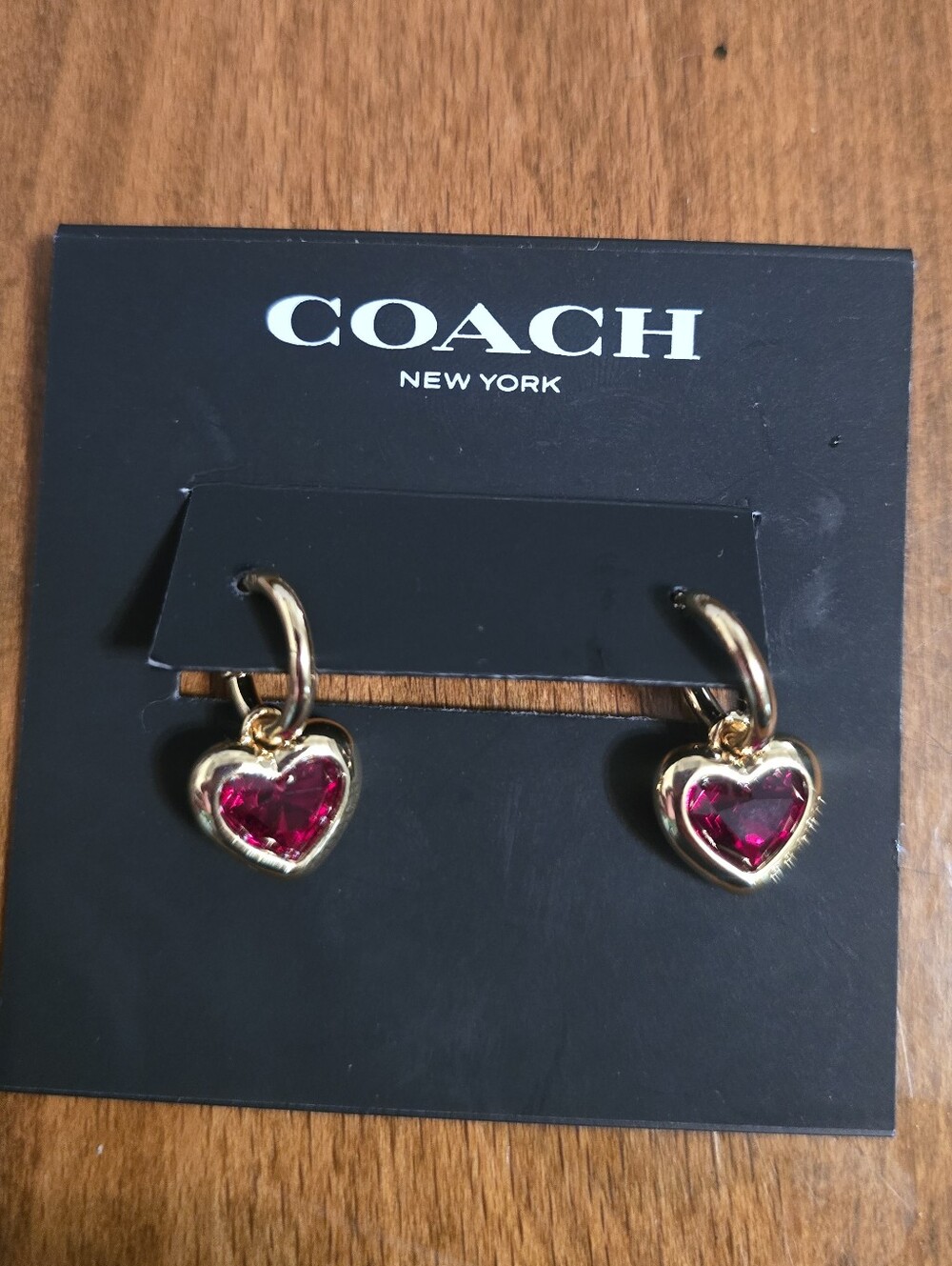 COACH Gold-Tone Heart Hoop Earrings with Ruby Gemstones